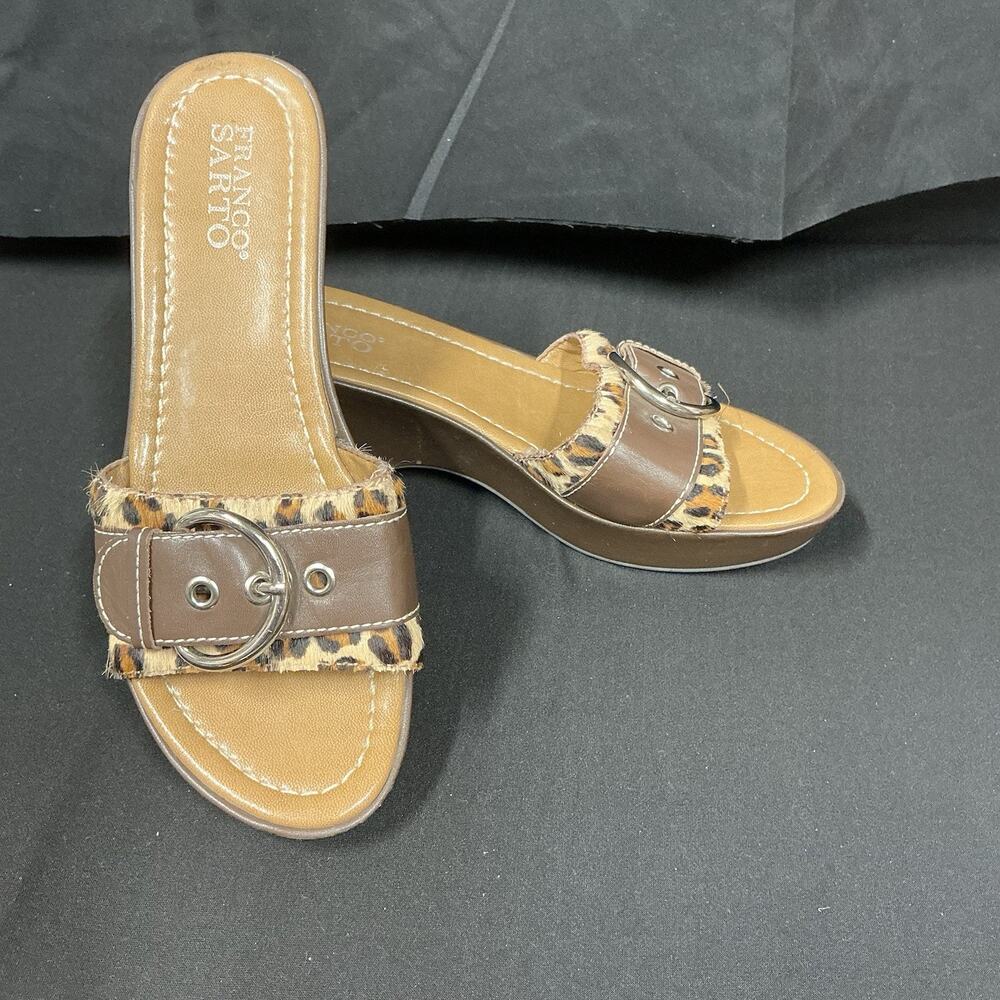 FRANCO SARTO Animal Faux Hair Print Slip On Wedge Sandal 8M Brown Buckle 3" Heel